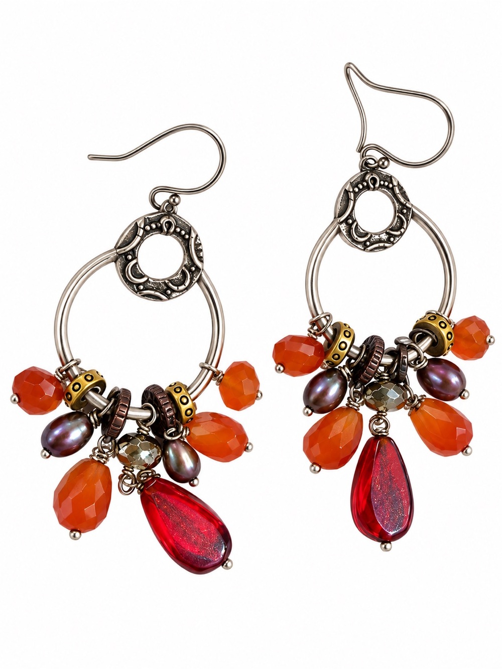 Silpada silver Hoop Earrings with Red and Orange Beads